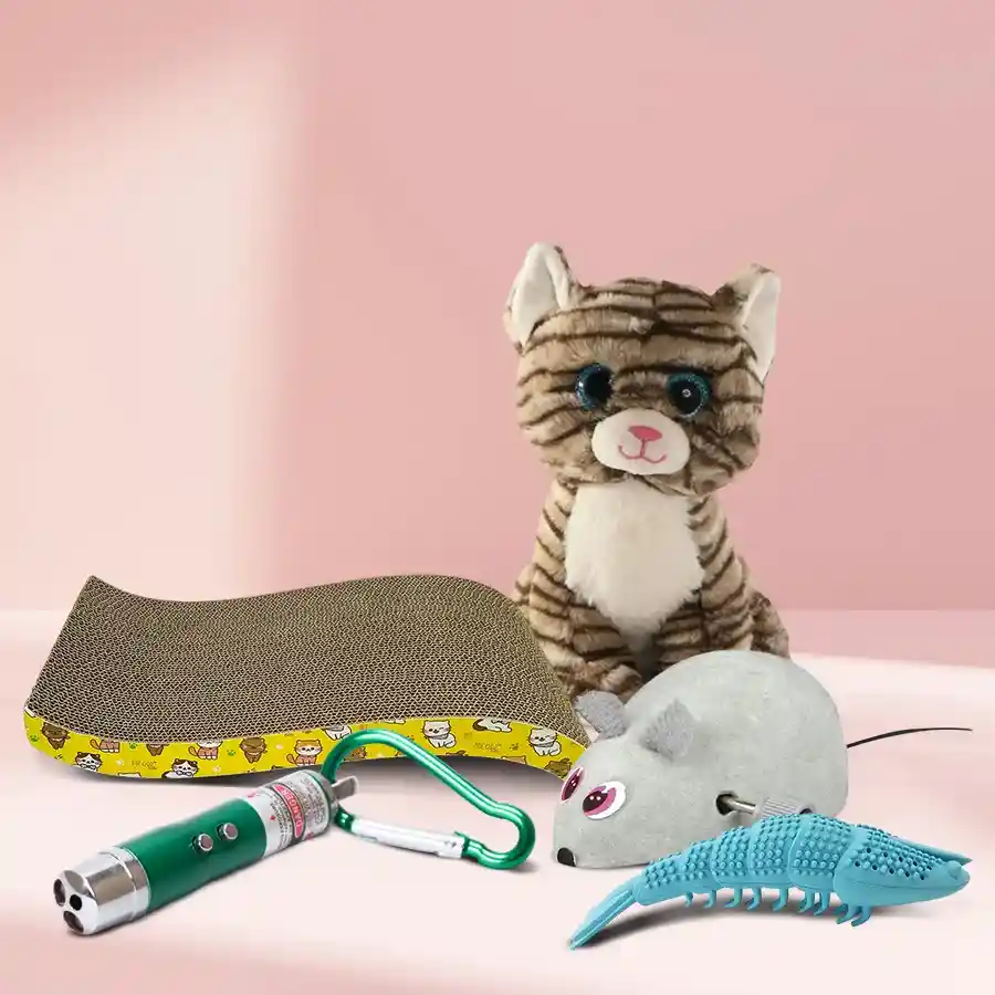 Joyful Kittens Playtime Toy Hamper with five toys including a scratch board, rat toy, laser toy, and more for kittens.