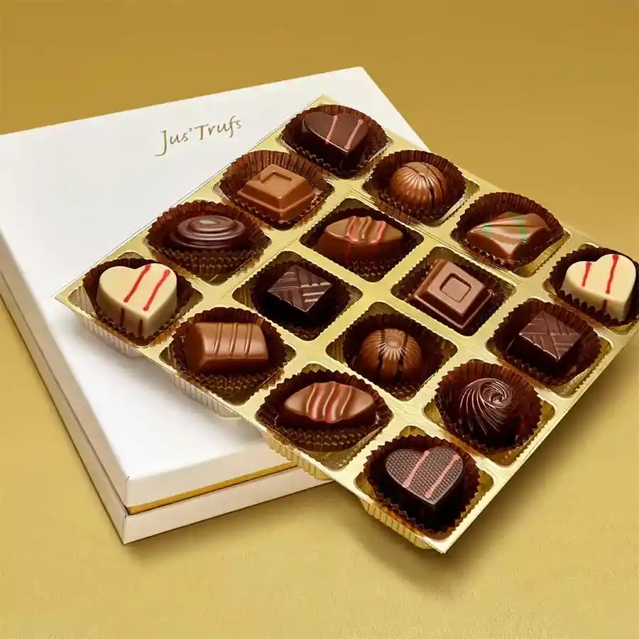 assorted luxurious Belgian pralines in an elegant gift box