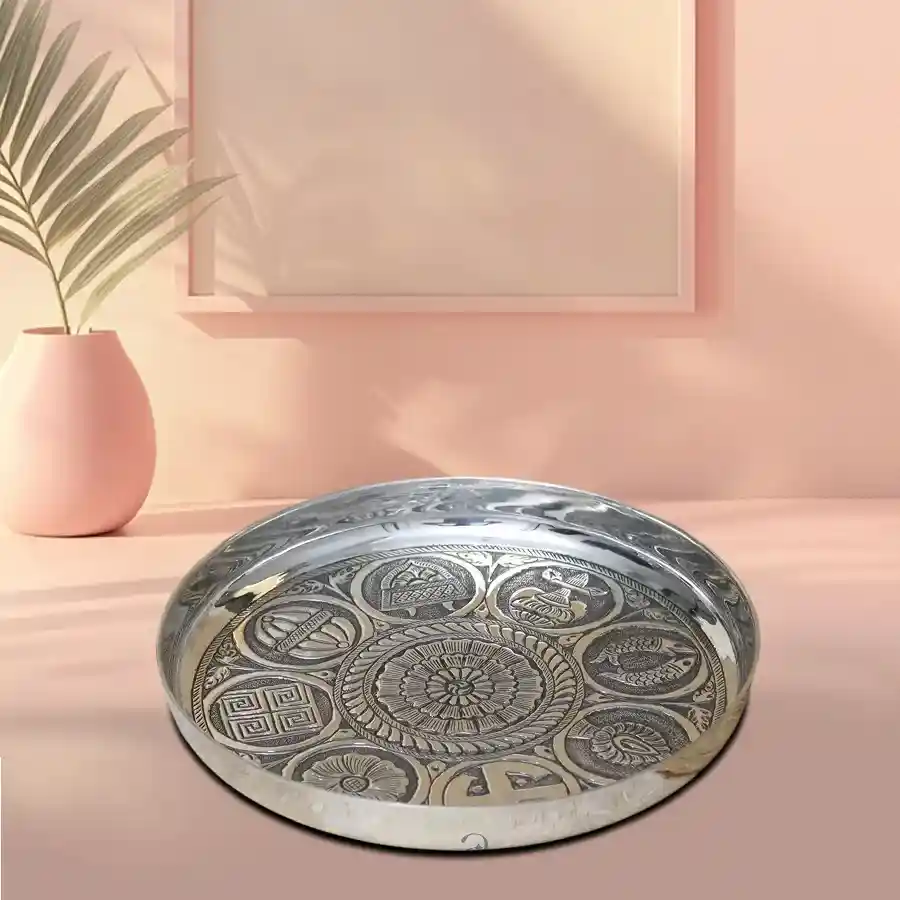 Silver Plated Thali designed for Puja, reflecting elegance and devotion.