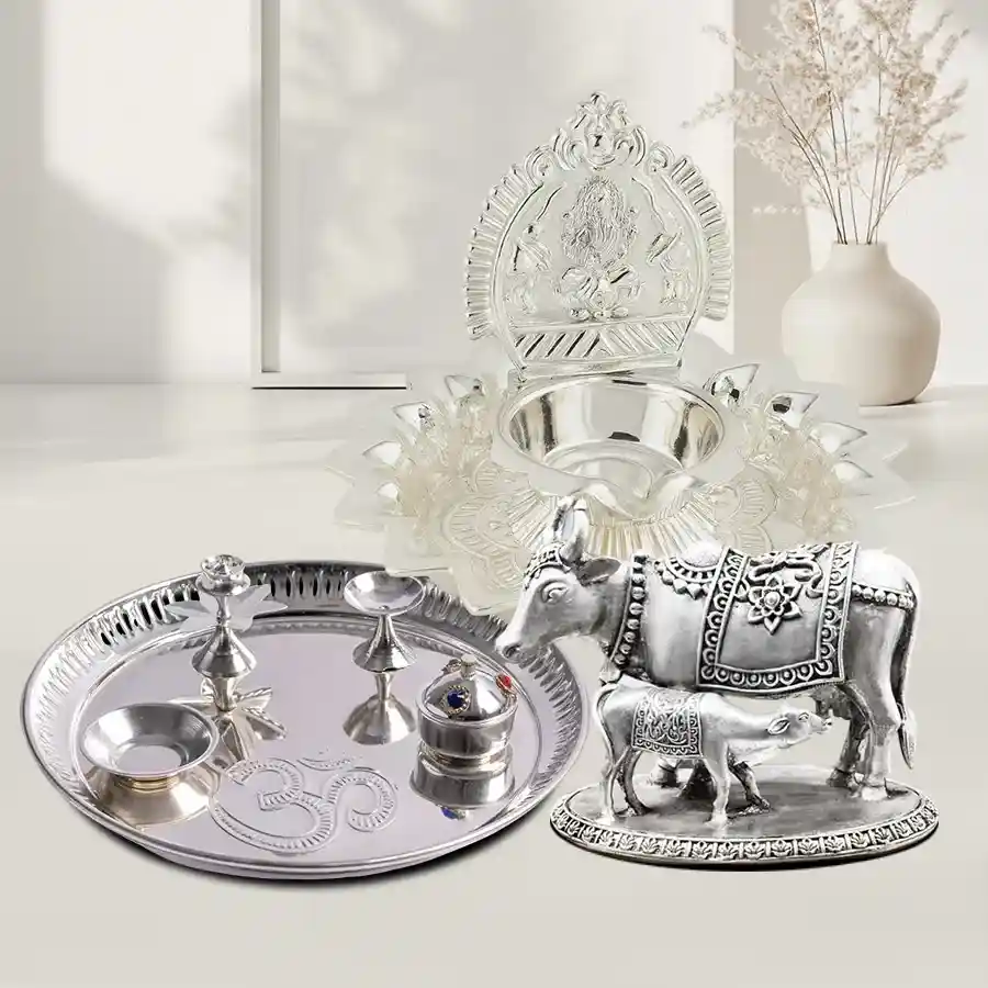 - Silver-Plated Traditional Pooja Thali Set- Lakshmi Diya Pooja Thali Set- Metal Kamdhenu Cow and Calf Idol