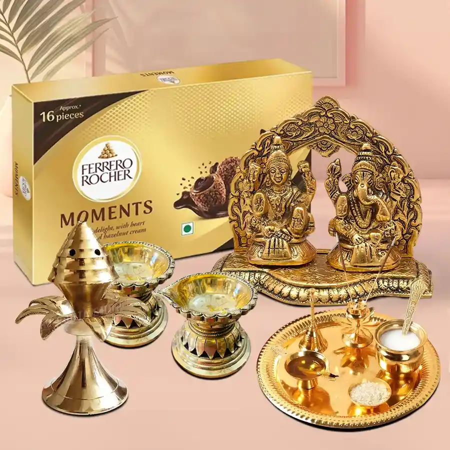 - Laxmi Ganesh Idol Showpiece - Traditional Diya - Agarbatti Incense Stick Holders - Pooja Thali Set - 16 pcs Ferrero Rocher Moments Chocolate