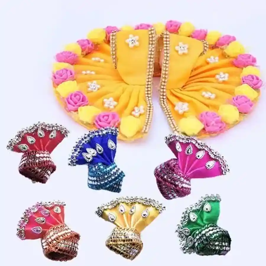 Exclusive Laddu Gopal Ji designer dress in yellow with 6 colorful pagdis.
