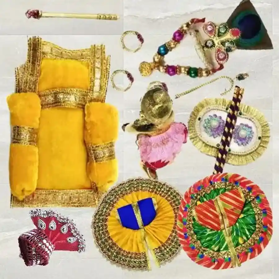 Divine Laddu Gopal Combo Set featuring vibrant accessories and cotton dresses.