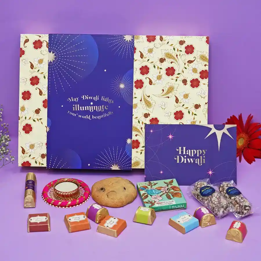 Diwali Choco Treats Gift Box with chocolates, a Diya, and a Happy Diwali Card