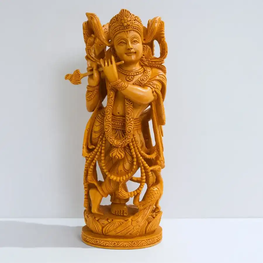 Intricate Sandalwood Lord Krishna Idol, measuring 13 x 13 x 76 mm, perfect for decoration or gifting.