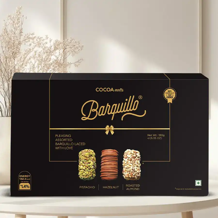 Gourmet Barquillo Chocolate Selection in a beautifully designed box featuring an assortment of chocolate-covered barquillos.