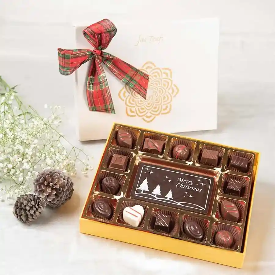 Choco Wonderland Gift Box featuring assorted truffles and a festive chocolate bar