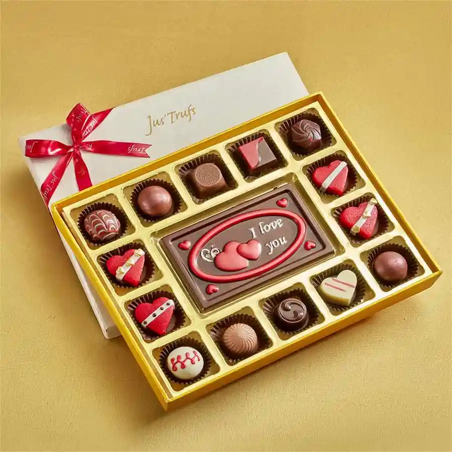 Heartfelt Chocolate Treasure gift box featuring assorted truffles, heart-shaped marzipan chocolates, and an "I Love You" chocolate bar, presented in a handmade box that transforms into a jewelry holder.