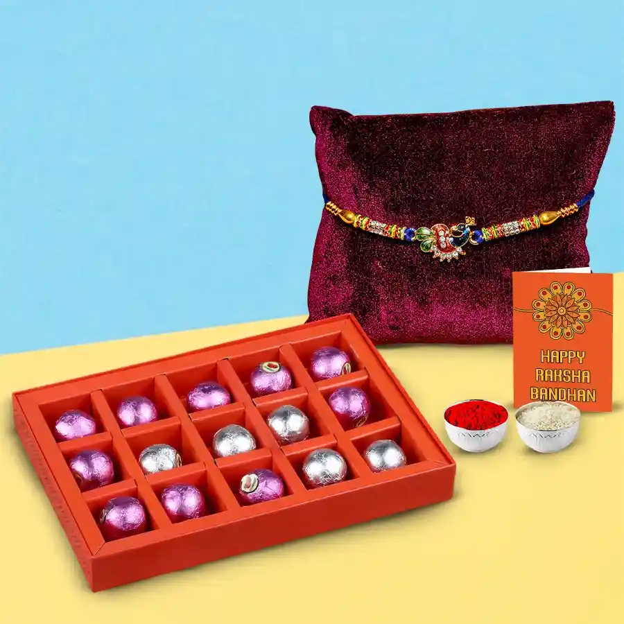 Stylish Rakhi set with 18 pieces of chocolates, Roli, Tilak, and Chawal arranged beautifully for Raksha Bandhan celebration