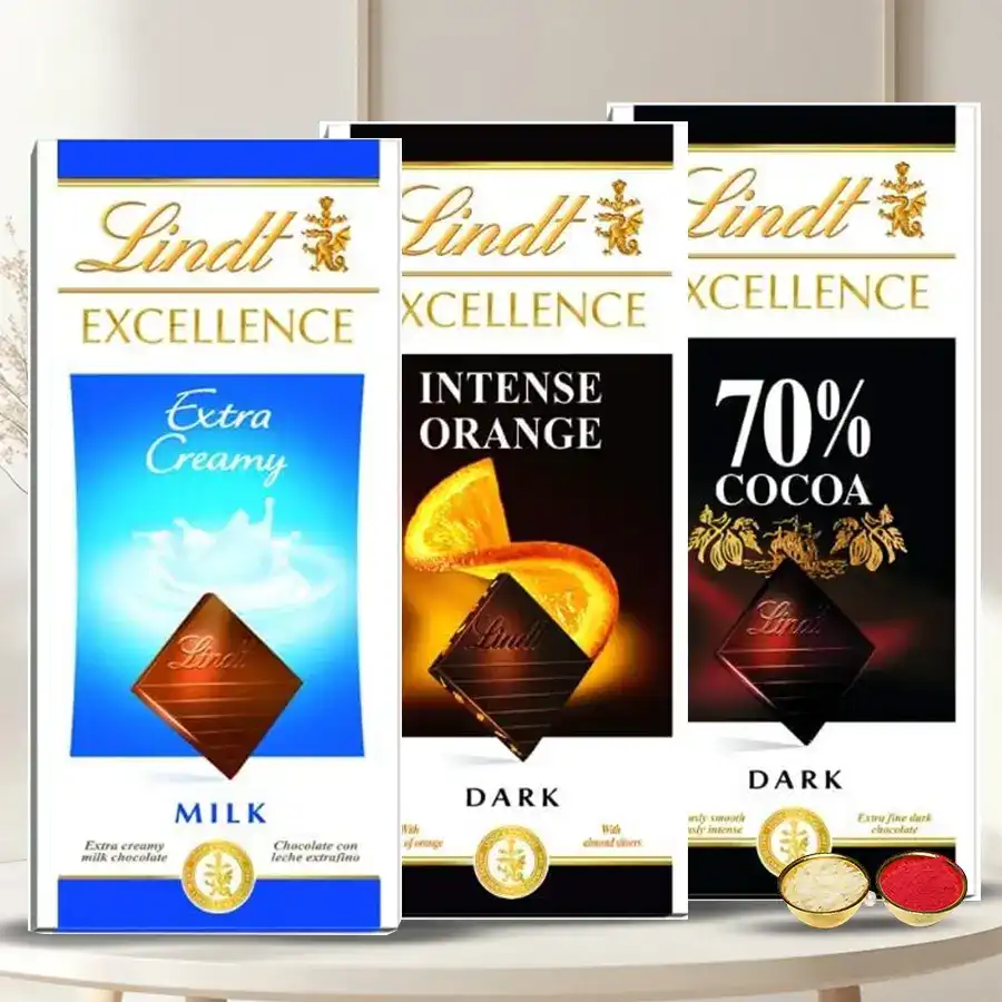 Lindt chocolate bars with Roli Tilak and Chawal in an elegant arrangement