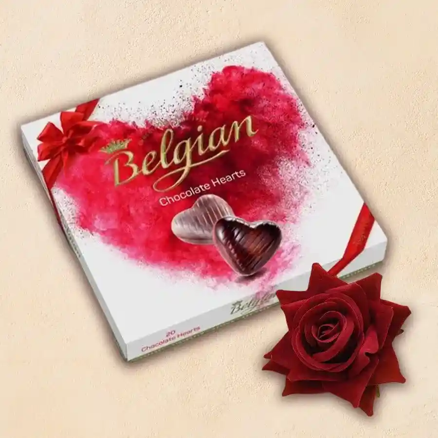 Ecstatic Belgian Chocolates in a 200g box with a velvet rose, elegantly arranged