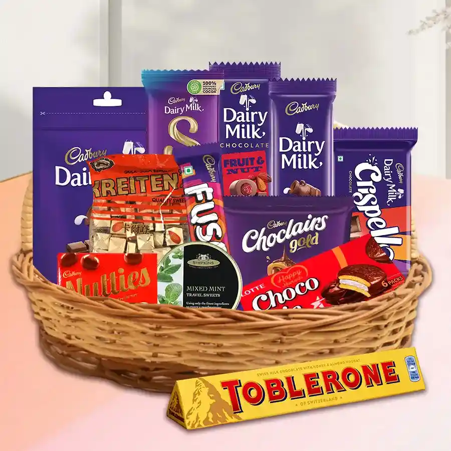 Lip Smacking Chocolates Assortment Hamper filled with various chocolate bars and candies