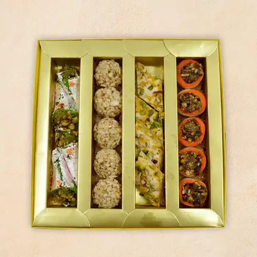 Celebration Sweetness Gift Ensemble with assorted Indian sweets.