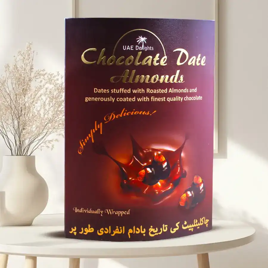 Exclusive Date Almond Chocolates in an elegant packaging with a mix of chocolate, dates, and almonds.