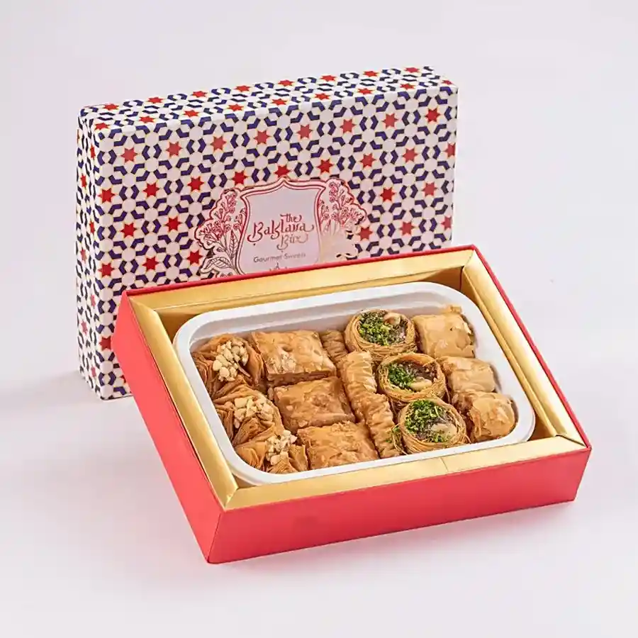 Luxurious Baklava Experience Box featuring five delightful varieties of baklava, perfect for gifting or personal indulgence.