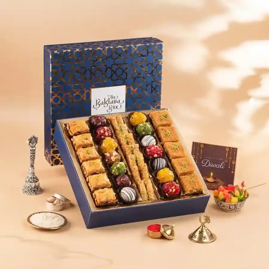 Fusion Delight: A gift box featuring traditional baklava and innovative Indian fusion sweets.