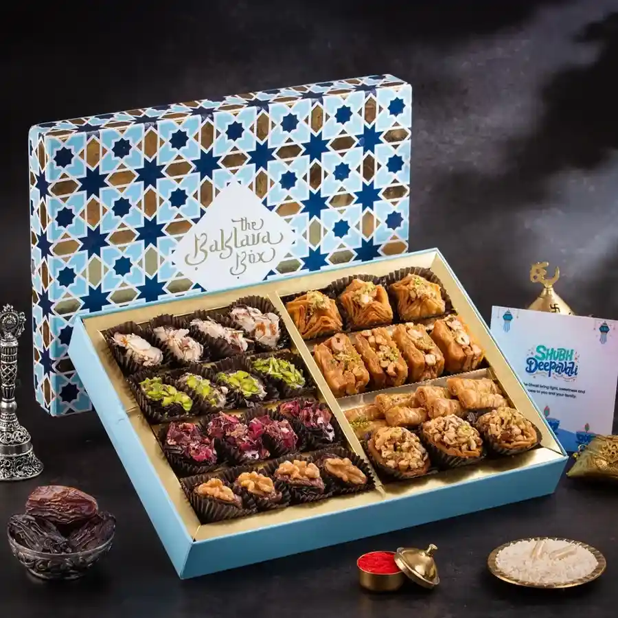 Luxurious Date-Infused Baklava Celebration Box filled with traditional sweets.