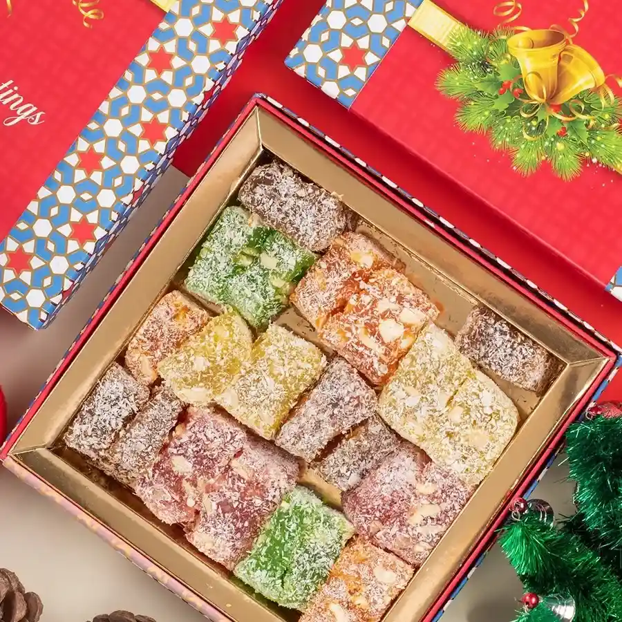 Assorted Turkish Delight Gift Box showcasing vibrant flavors and textures.
