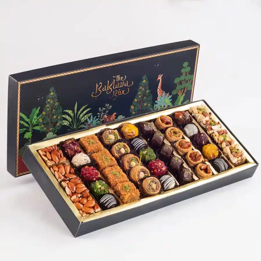 Sumptuous Dark Forest Baklava Gift Box featuring assorted crispy baklava delicacies in an elegant presentation.