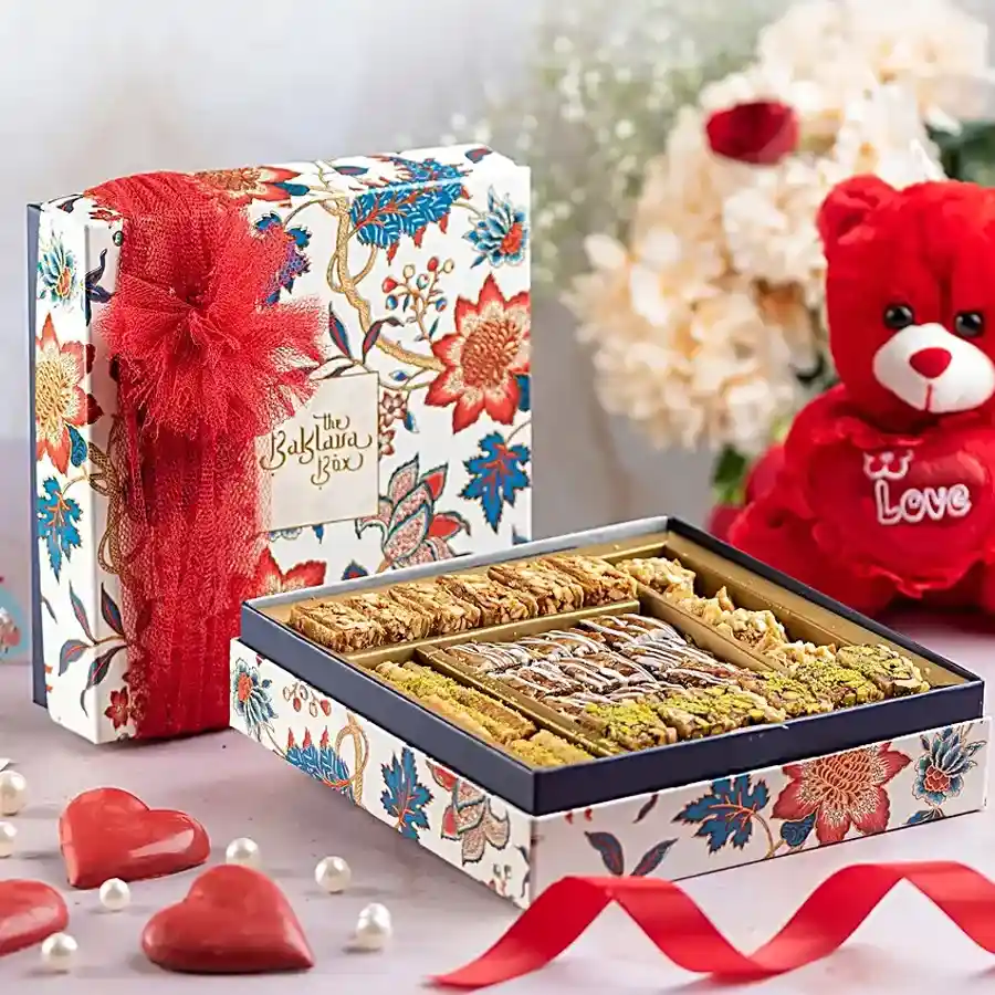 Valentine’s Sweetness Unwrapped Delight box with baklava and a customizable card.