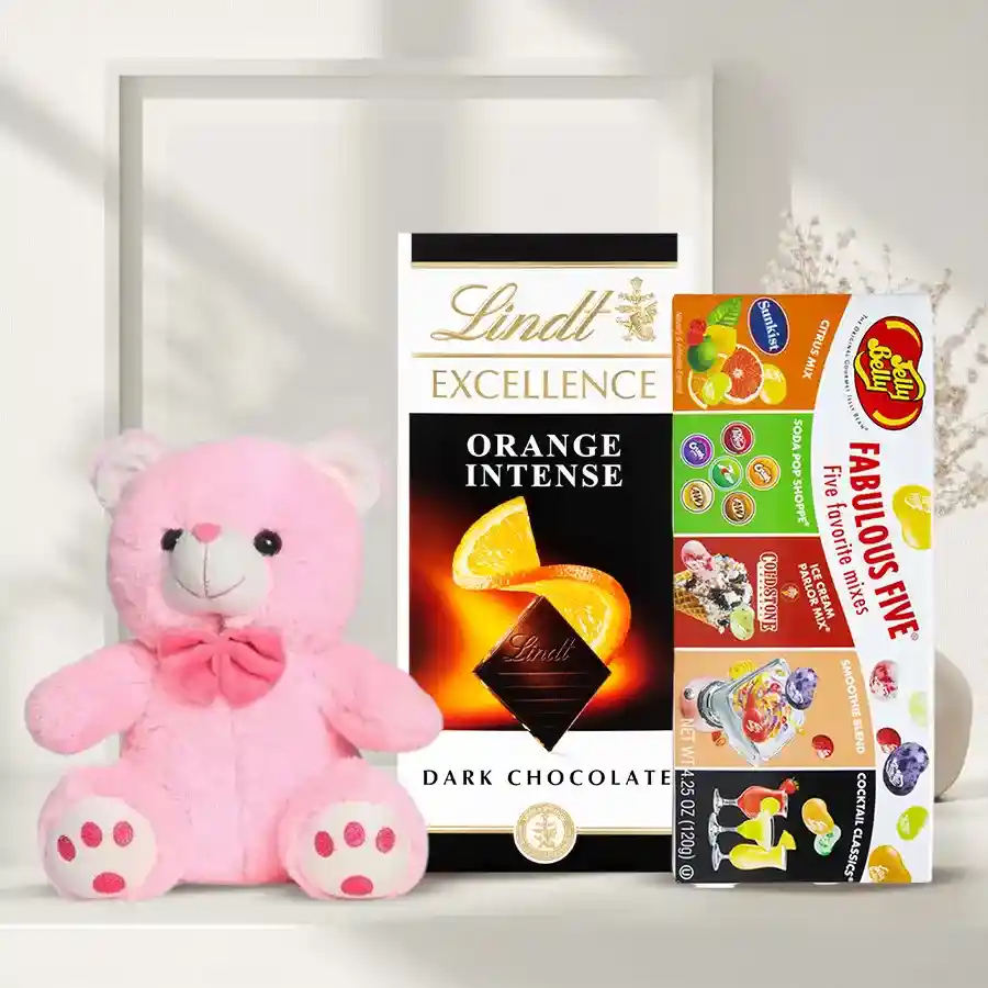 Yummy Combo of Chocos with Teddy featuring Jelly Belly Fabulous Five, Lindt Excellence Chocolate Bar, and a 6-inch teddy bear