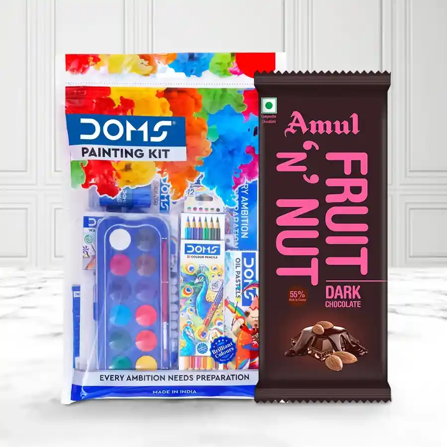 Remarkable Doms Painting Kit with Amul Chocolate Bar for creative bonding.