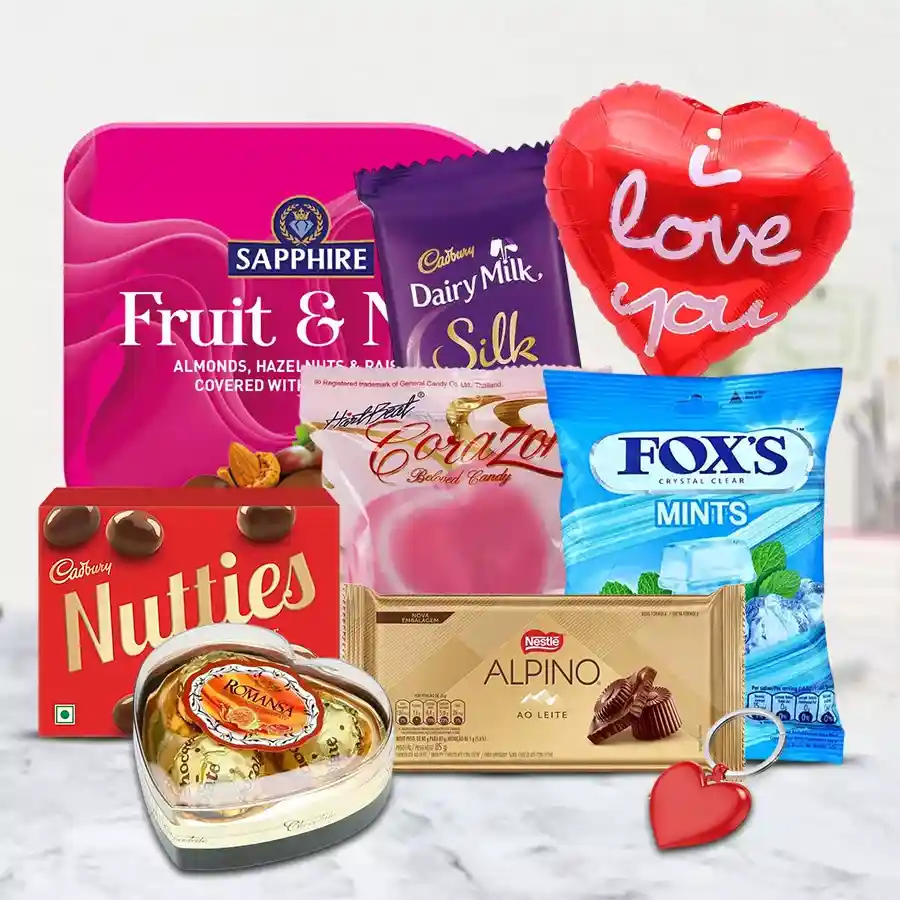 Delicious I Love You Chocolate Hamper filled with assorted chocolates, heart-shaped balloon, and key ring.
