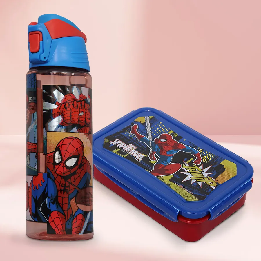 Spiderman Tiffin and Sipper Bottle Set for kids, featuring colorful designs and practical features.