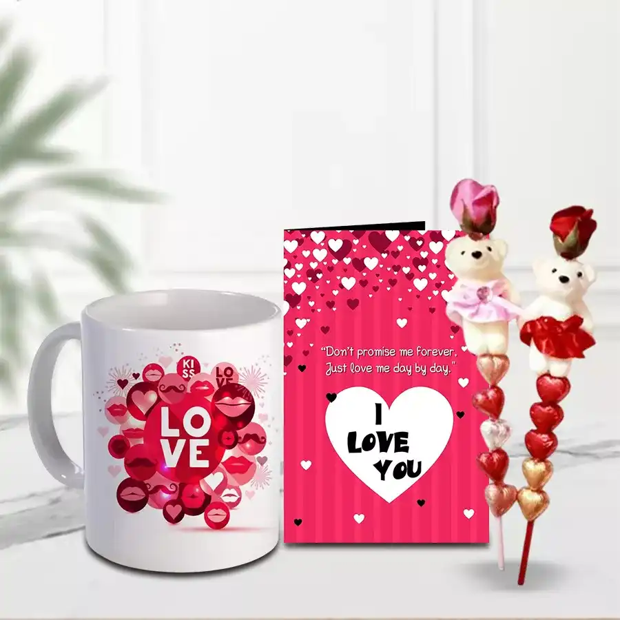 Romantic gift set featuring a pair of teddy bears, ten heart-shaped chocolates on sticks, a love mug, and a "I Love You" card