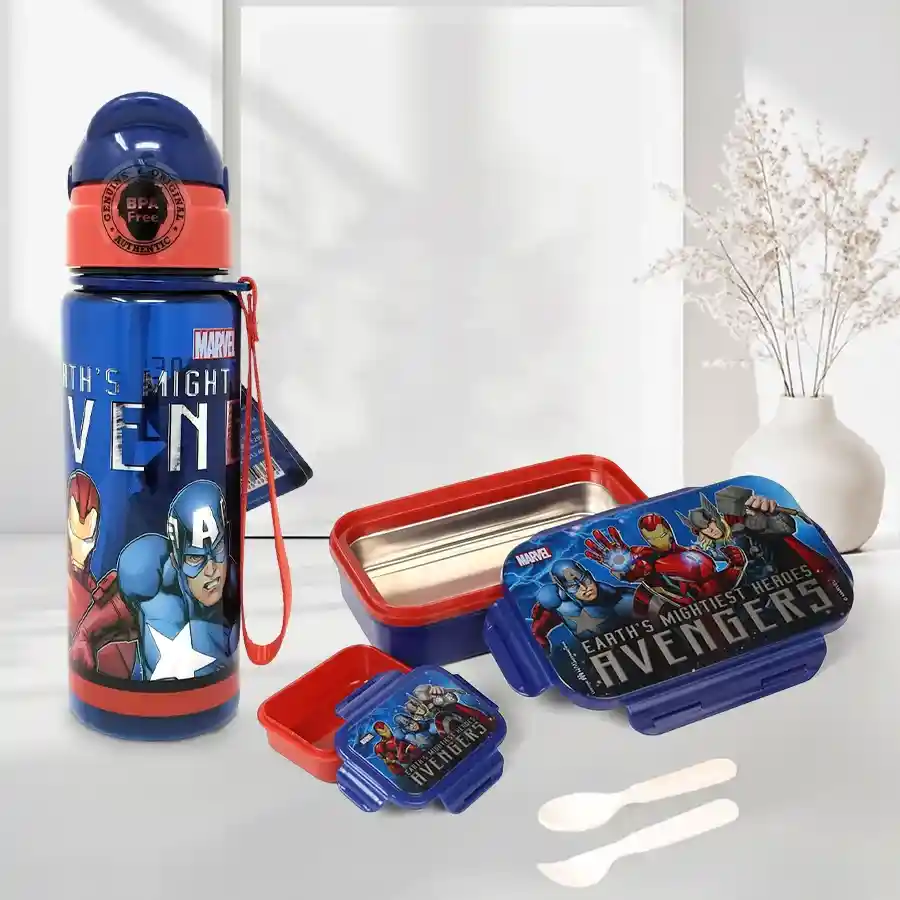 Multicolor Marvel Lunch Box and Sipper Bottle Combo for kids.