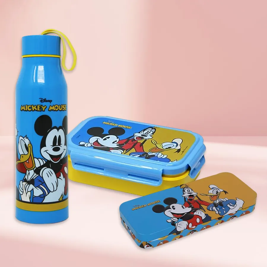 Mickey Mouse Fun Pack Trio including sipper bottle, tiffin box, and pencil box for kids.