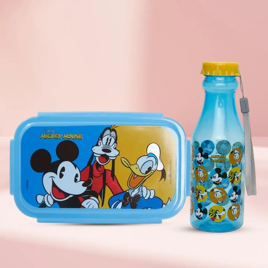 Mickey Mouse Lunch Box and Water Bottle Set in blue for kids.