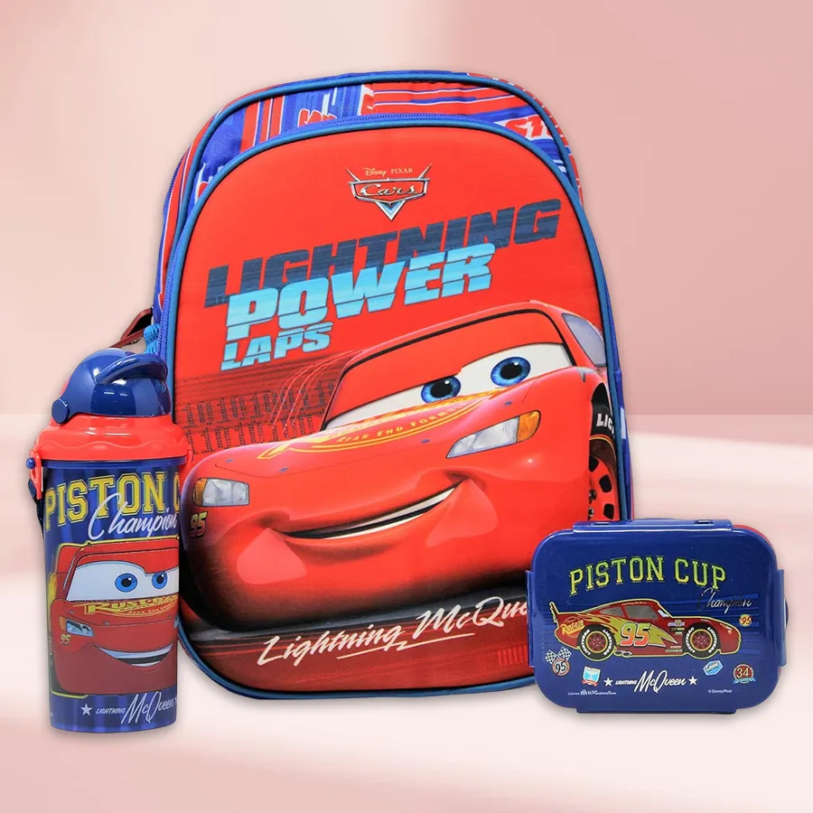 Disney Cars Adventure Backpack with lunch box and water bottle set for kids.