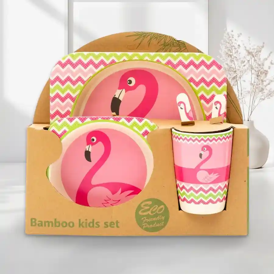 Eco-Friendly Kids Feeding Set featuring a Flamingo design in bamboo fiber.