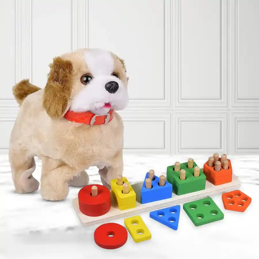 A colorful five-column block set and a sound-making jumping dog toy for young children, designed to enhance learning and engagement.