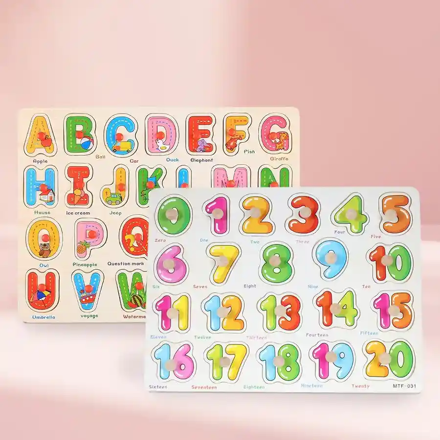 Set of 2 wooden learning boards for kids featuring alphabets and numbers, designed for early education and fun play indoors.