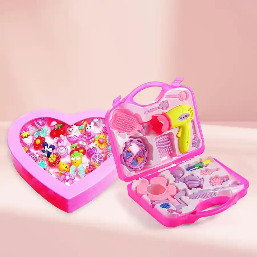 Enchanting beauty kit featuring a makeup set and fancy cartoon finger rings in a pink heart-shaped gift box for girls aged 3-7.
