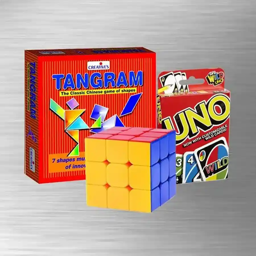 Ultimate Fun Trio featuring Mattel Uno Card Game, Tangram Wooden Puzzle, and 3x3x3 Rubiks Cube for enriching indoor play.