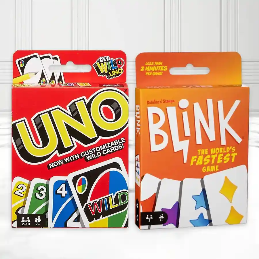Fast-Paced Card Game Extravaganza featuring Mattel Uno and Blink games for kids age 7 and up.