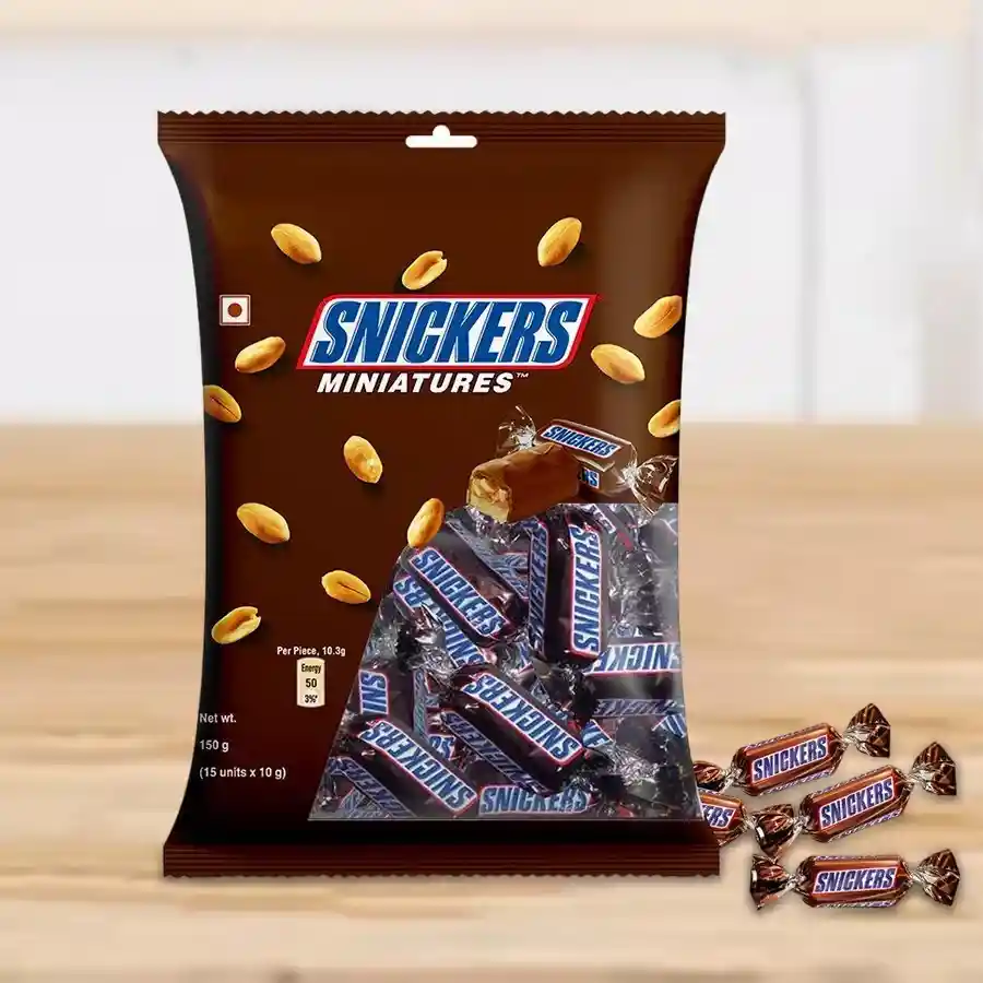 Scrumptious Snickers Miniatures Gift Pack featuring a colorful assortment of bite-sized chocolate bars in a decorative box