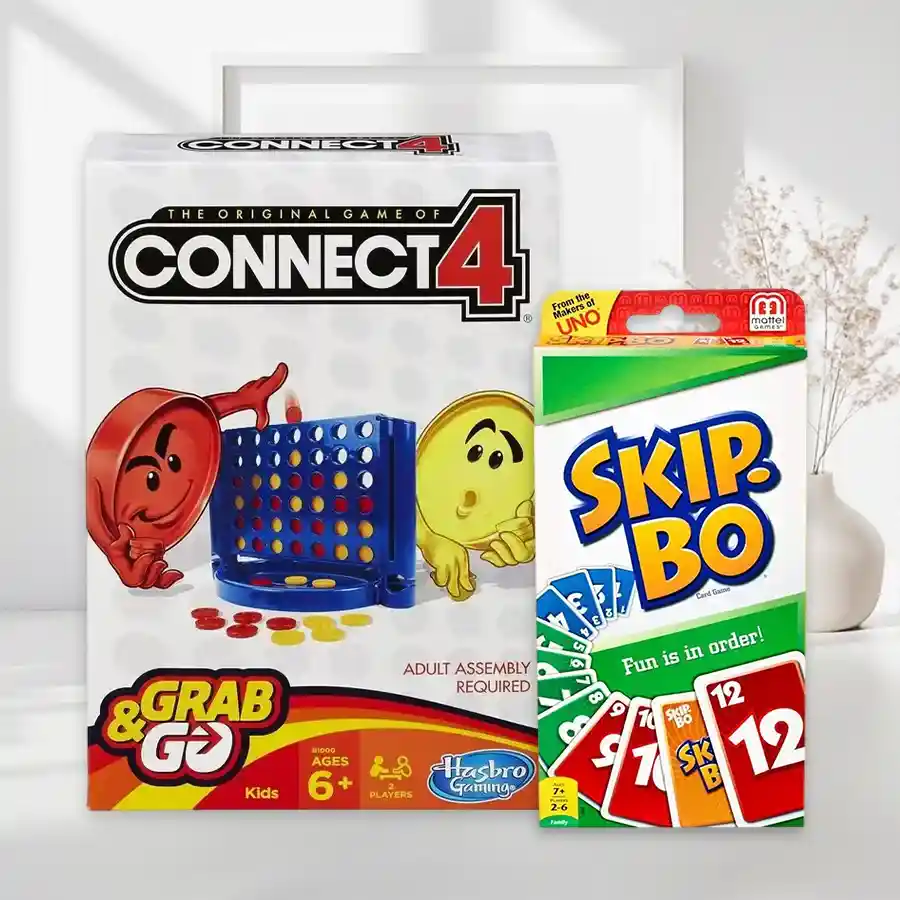 Exciting Connect 4 Grab and Go and Skip Bo Card Game for kids aged 6 and up, designed for indoor fun and family gatherings.