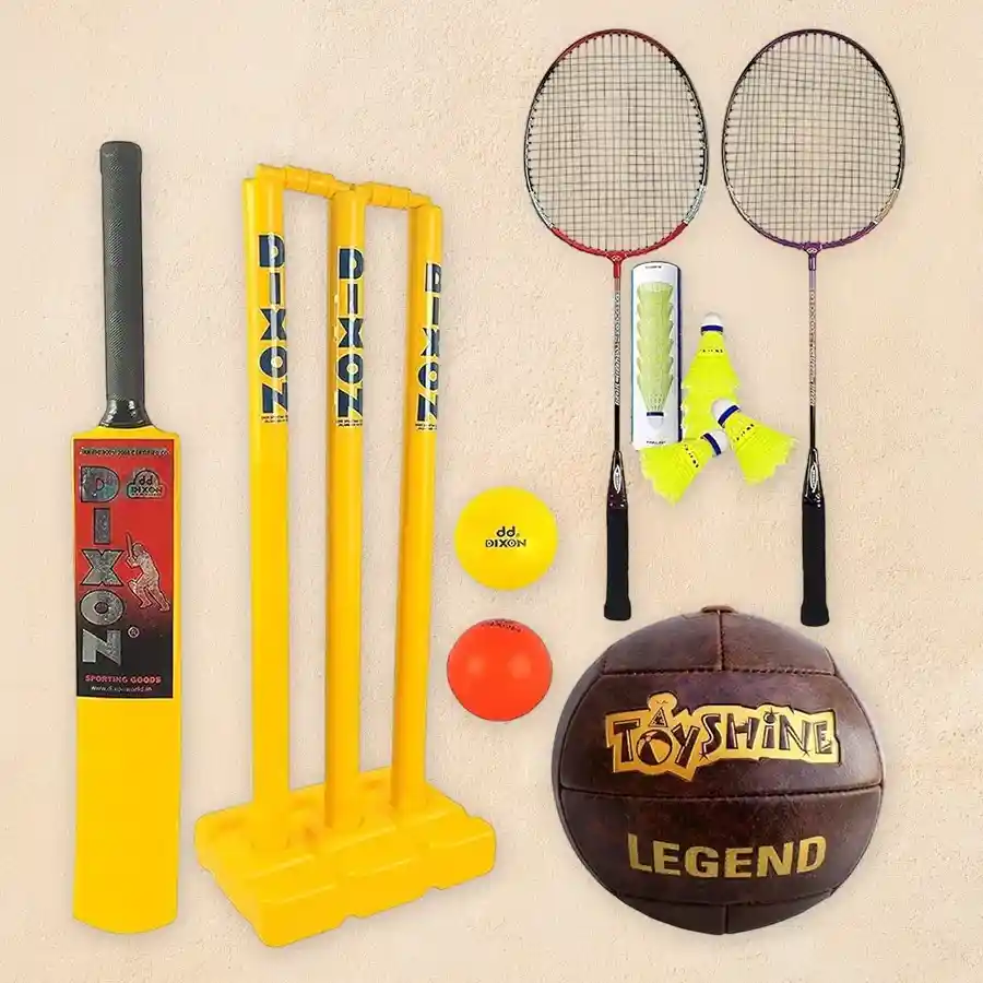 Mega Sports Fun Combo featuring cricket, badminton, and frisbee for kids aged 7 and up. Perfect for outdoor play and skill development.