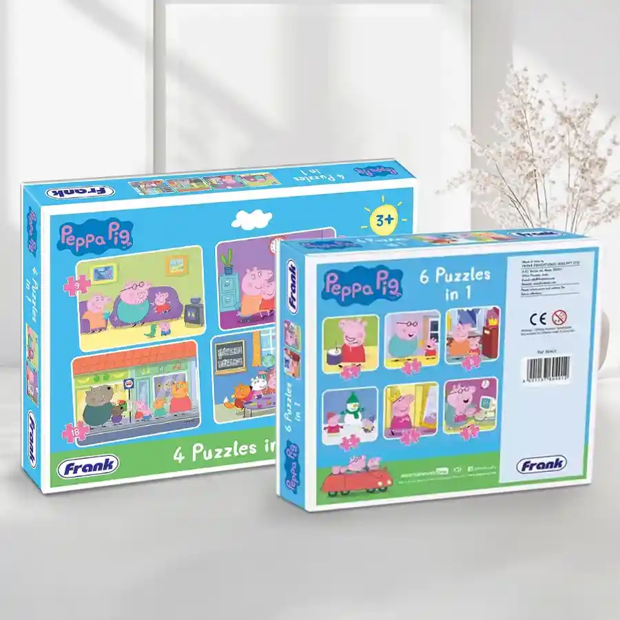 Set of two Peppa Pig puzzles, including a 3-in-1 and a 4-in-1, designed for kids aged 3+ to enhance motor skills and logical thinking.