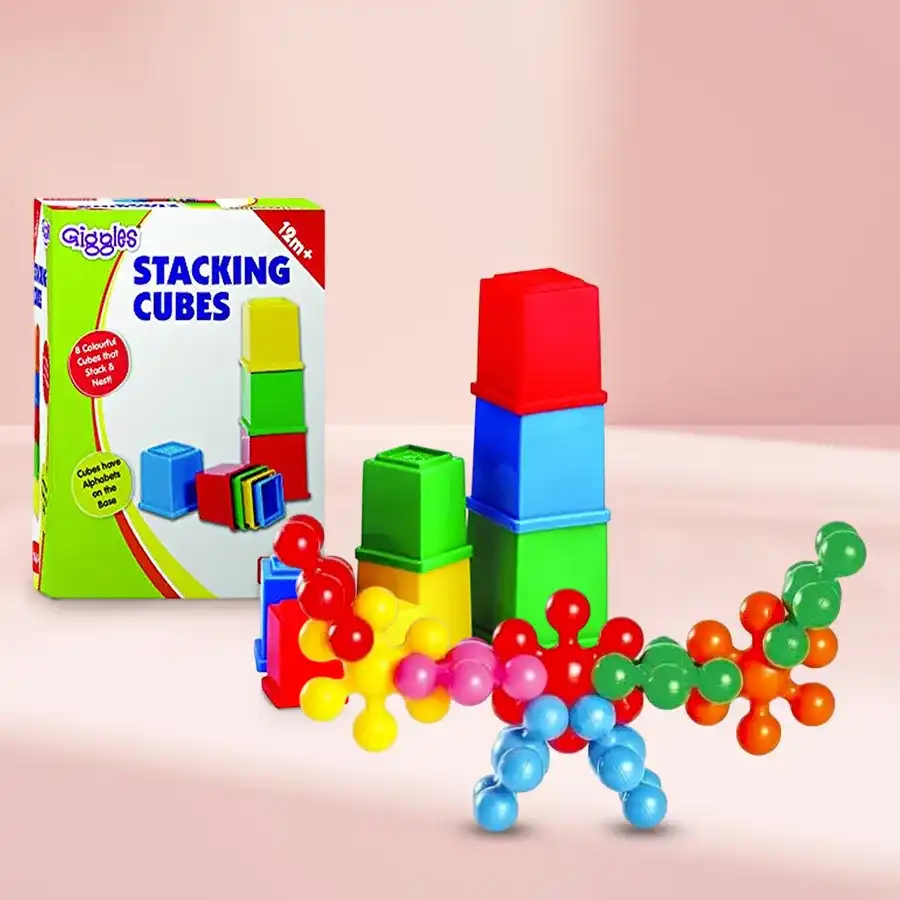 Funskool Kiddy Star Links and Giggles Stacking Cubes set for imaginative play and skill development for ages 0-2 years.