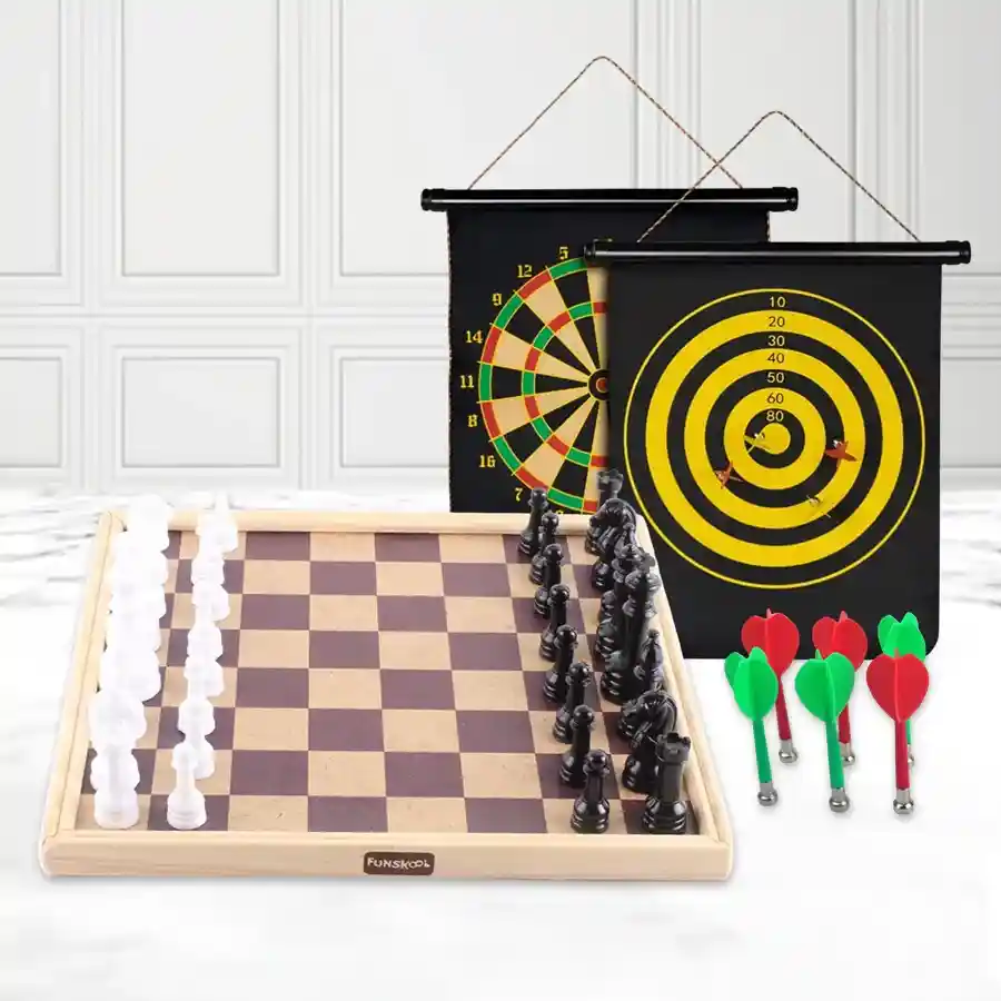 Colorful foldable dart game with Funskool chess set for kids.