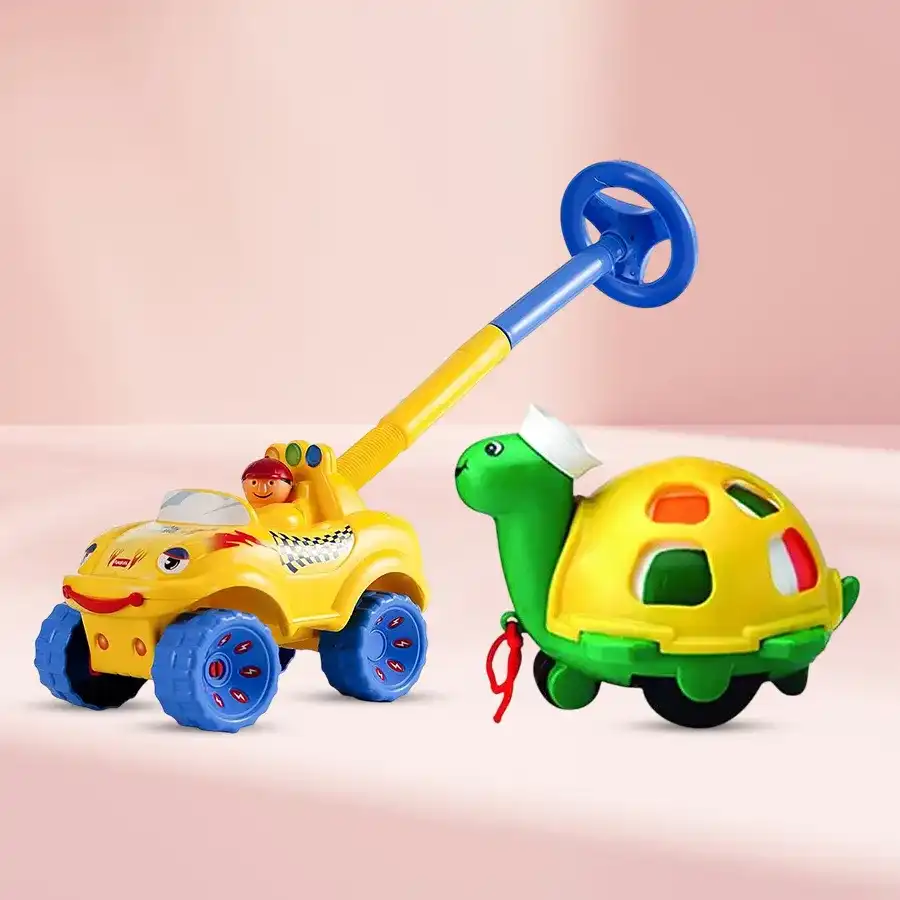 Funskool Walk N Drive Truck and Twirlly Whirlly Turtle, engaging indoor action toys for toddlers.