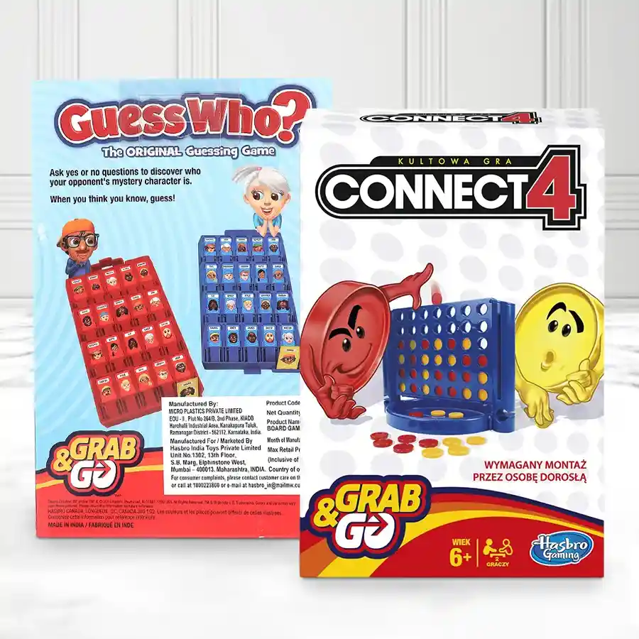 Two travel-sized Hasbro board games for kids: Connect 4 and Pop-O-Matic Trouble, perfect for indoor fun and family bonding.