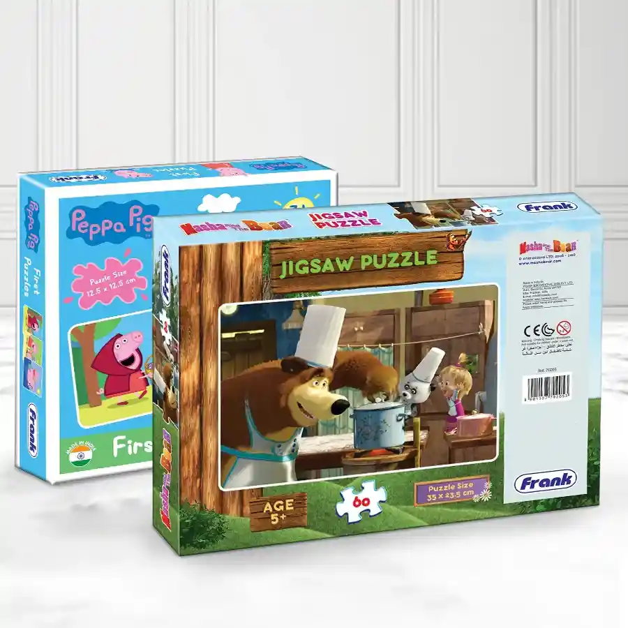 Colorful Peppa Pig and Masha puzzle set for kids, enhancing motor skills and creativity, suitable for ages 3 and up.