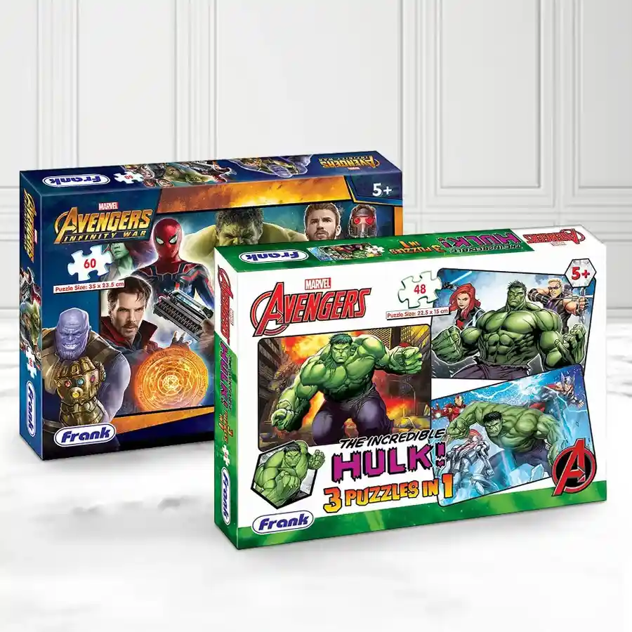 Marvel Avengers Jigsaw Puzzle Set featuring Infinity War and Hulk themes for kids aged 5 and up.