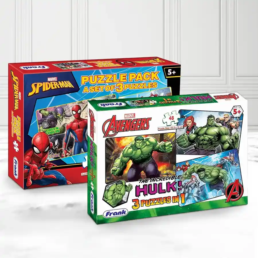 Marvel Avengers Puzzle Extravaganza Set featuring Hulk and Spider-Man, designed for kids 5+, promoting problem-solving and concentration skills.